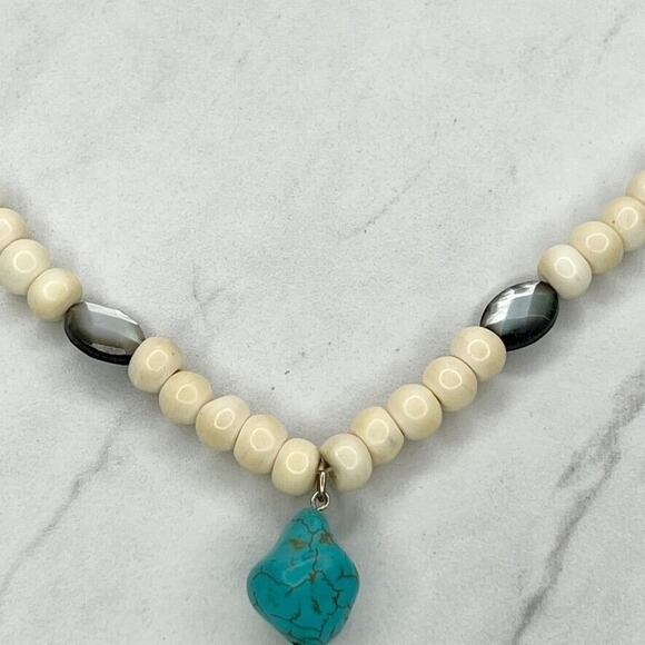 Chico's Cream Beaded Faux Turquoise Gold Tone Tassel Pendant Statement Necklace - Picture 2 of 11